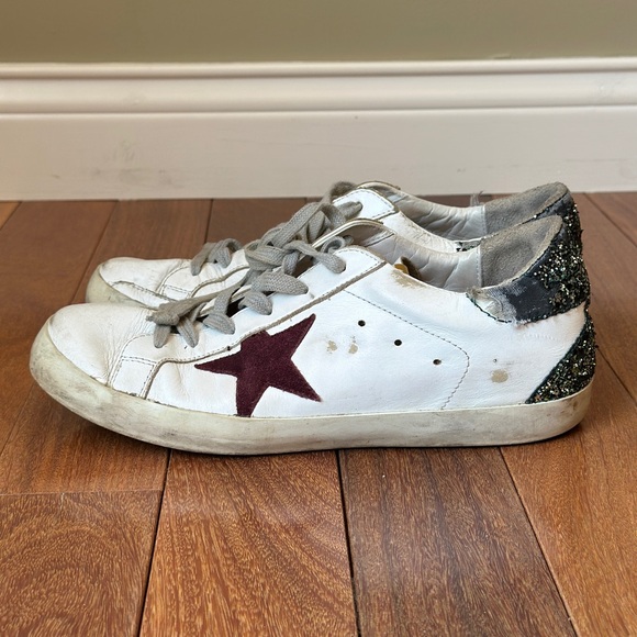 Women  Super-Star Sneakers EU 40 US 10 Leather Burgundy Star Glitter